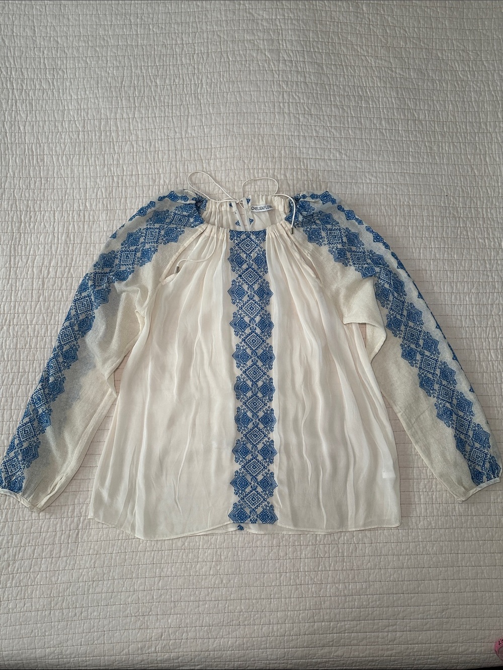 Off-White Peasant Blouse with Blue Embroidery, Chelsea Flower brand